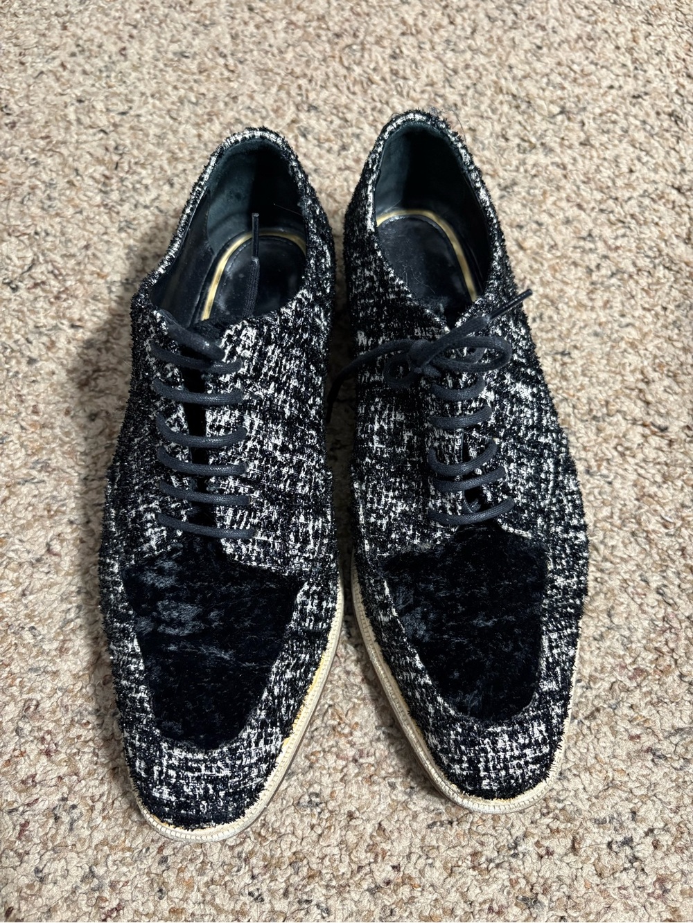 Lanvin Black and White Tweed Lace-Up Oxfords with Velvet Toe